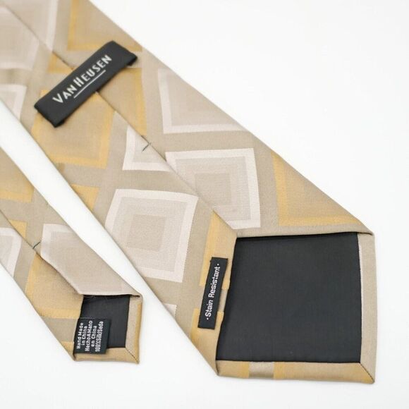 Van Heusen Beige Tan Woven Stain Resistant Geometric‎ Wide Silk Tie - Picture 6 of 7